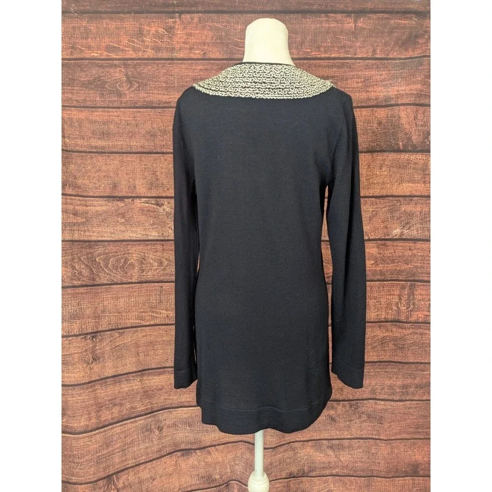 Tory Burch Merino Wool Tunic Sweater Medium NavyBeaded Rope Collar Long‎ Sleeve